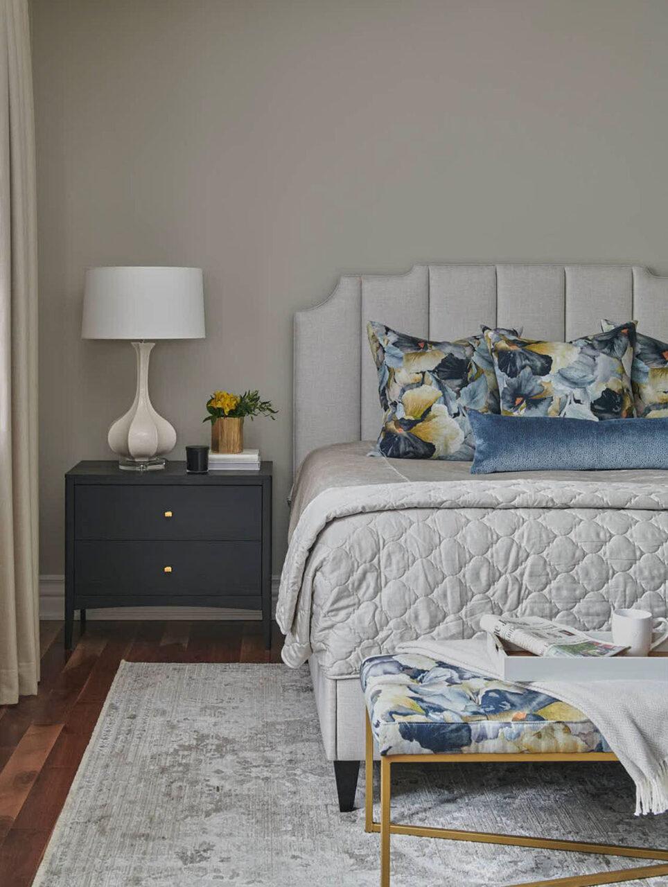 Custom upholstered bed and bench complete this beautiful bedroom in our Welcome Home project: Welcome Home | Endless Ideas Interiors Inc. (Photography: Stephani Buchman Photography for Endless Ideas Interiors)
