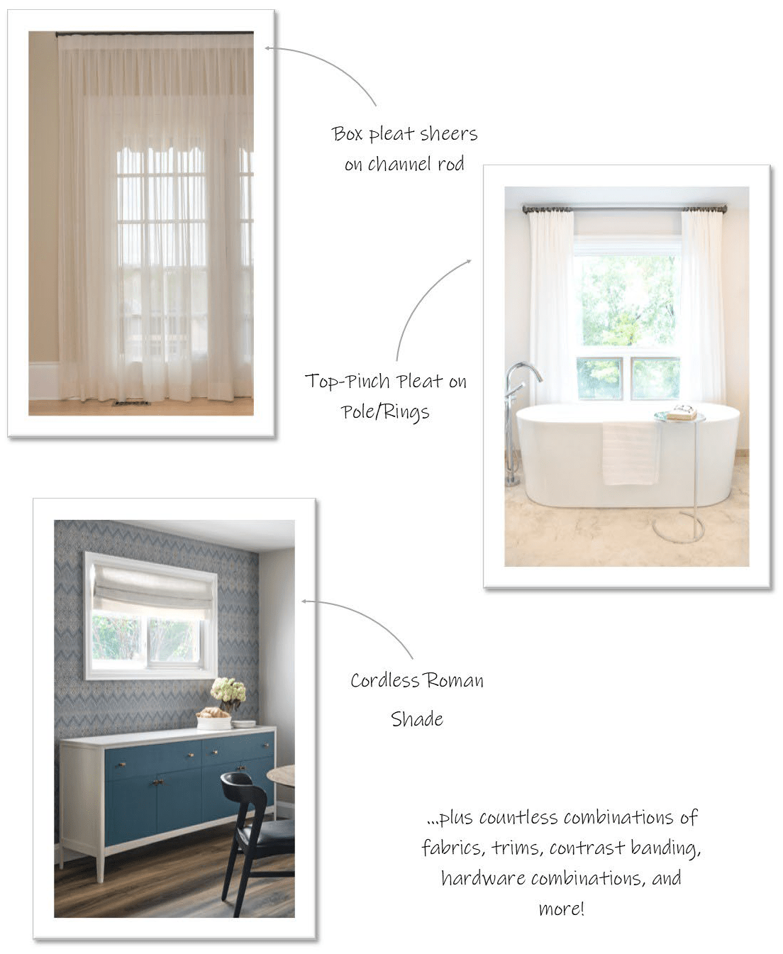 Box pleat sheers on channel rod, top-punch pleat on pole/rings, cordless roman shade...plus countless combinations of fabrics, trims, contrast banding, hardware combinations, and more!