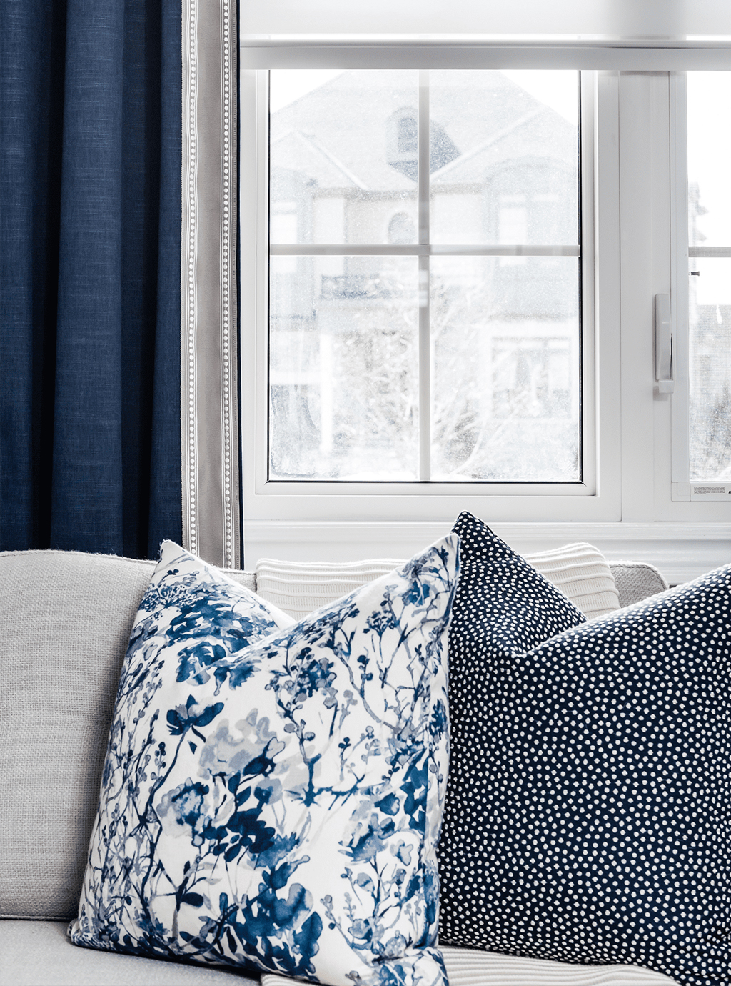 Farmhouse Fresh - Whitby Interior Design - Living Room Windows and Sofa Pillows