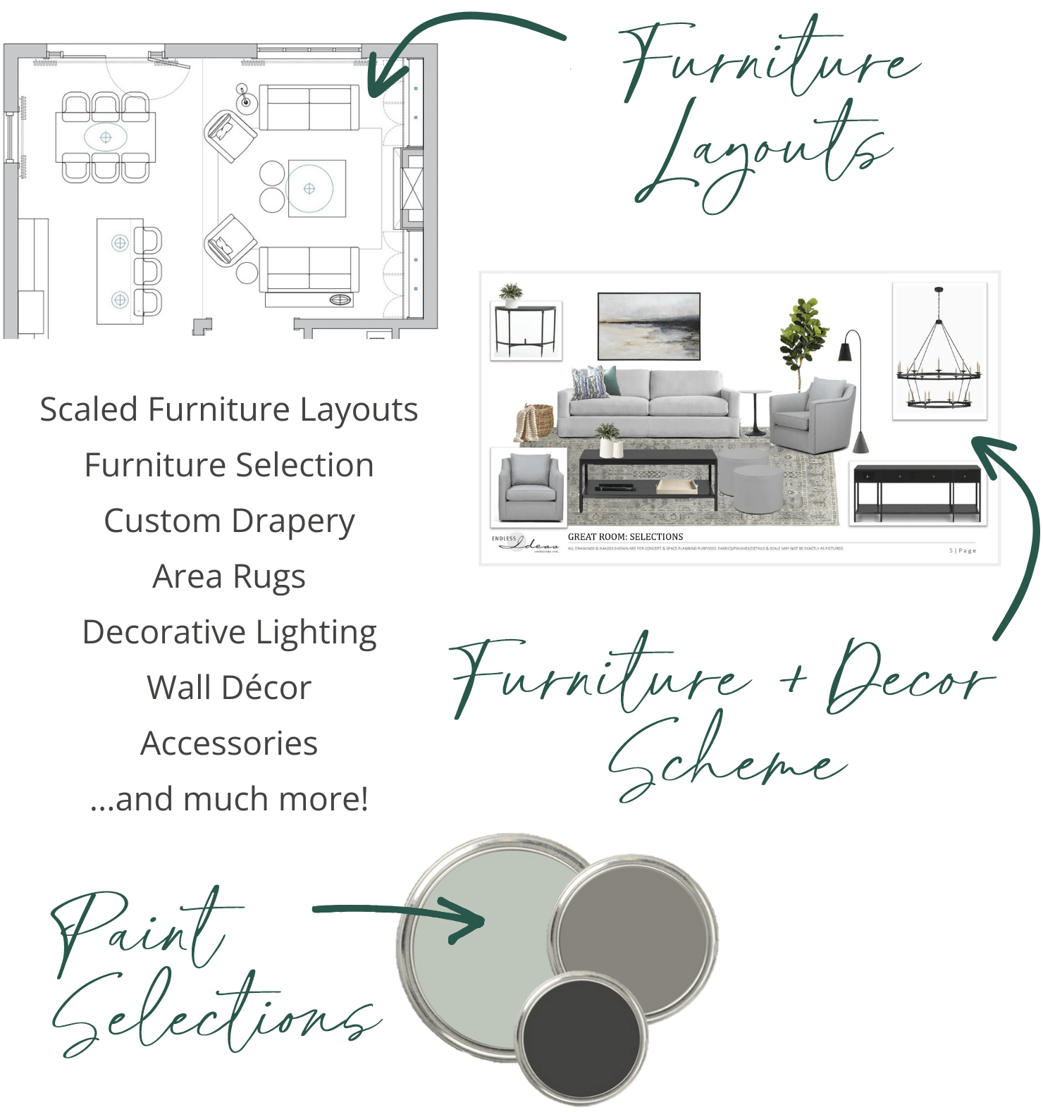 Scaled furniture layouts, furniture selection, custom drapery, area rugs, decorative lighting, wall decor, accessories...and much more!