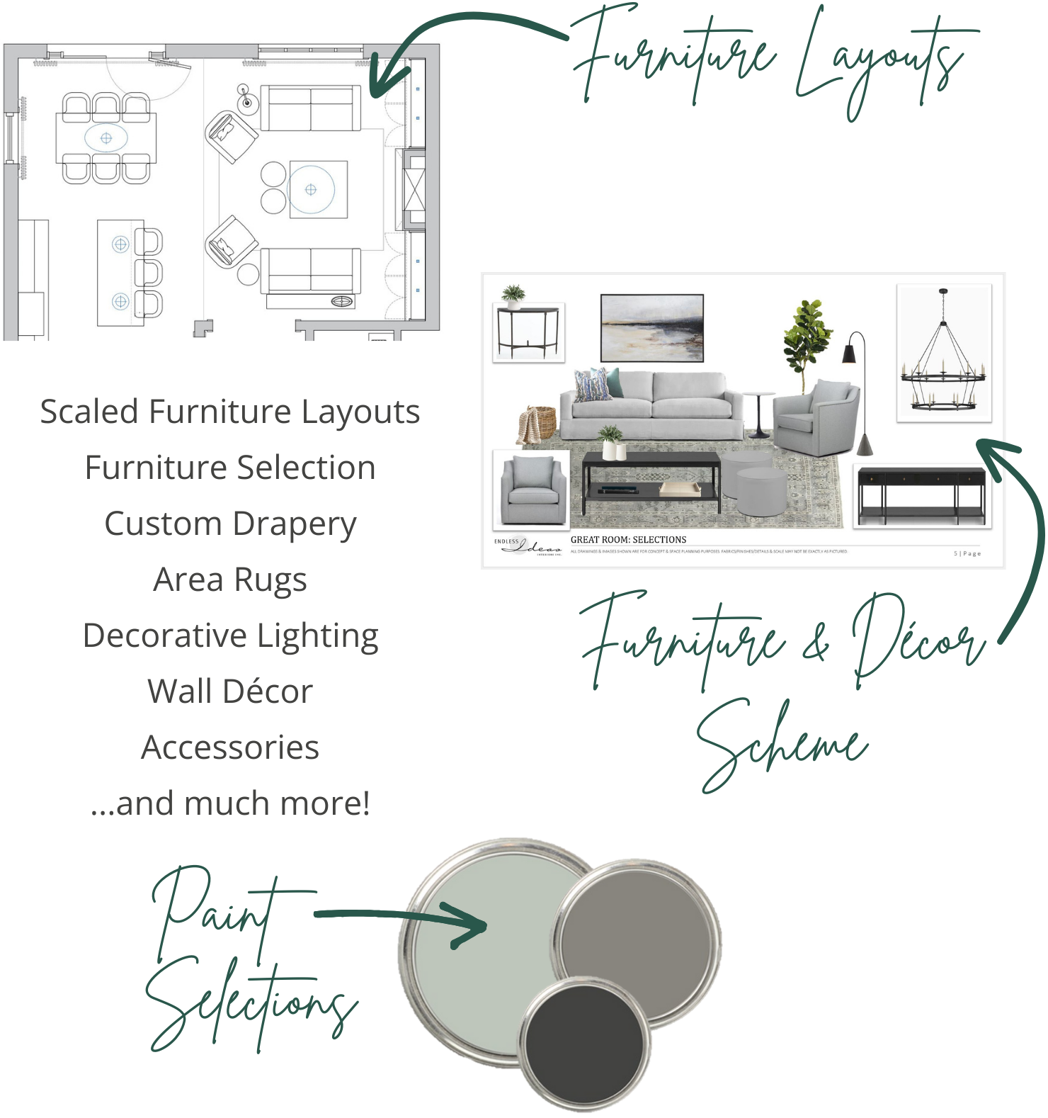 Scaled furniture layouts, furniture selection, custom drapery, area rugs, decorative lighting, wall decor, accessories...and much more!
