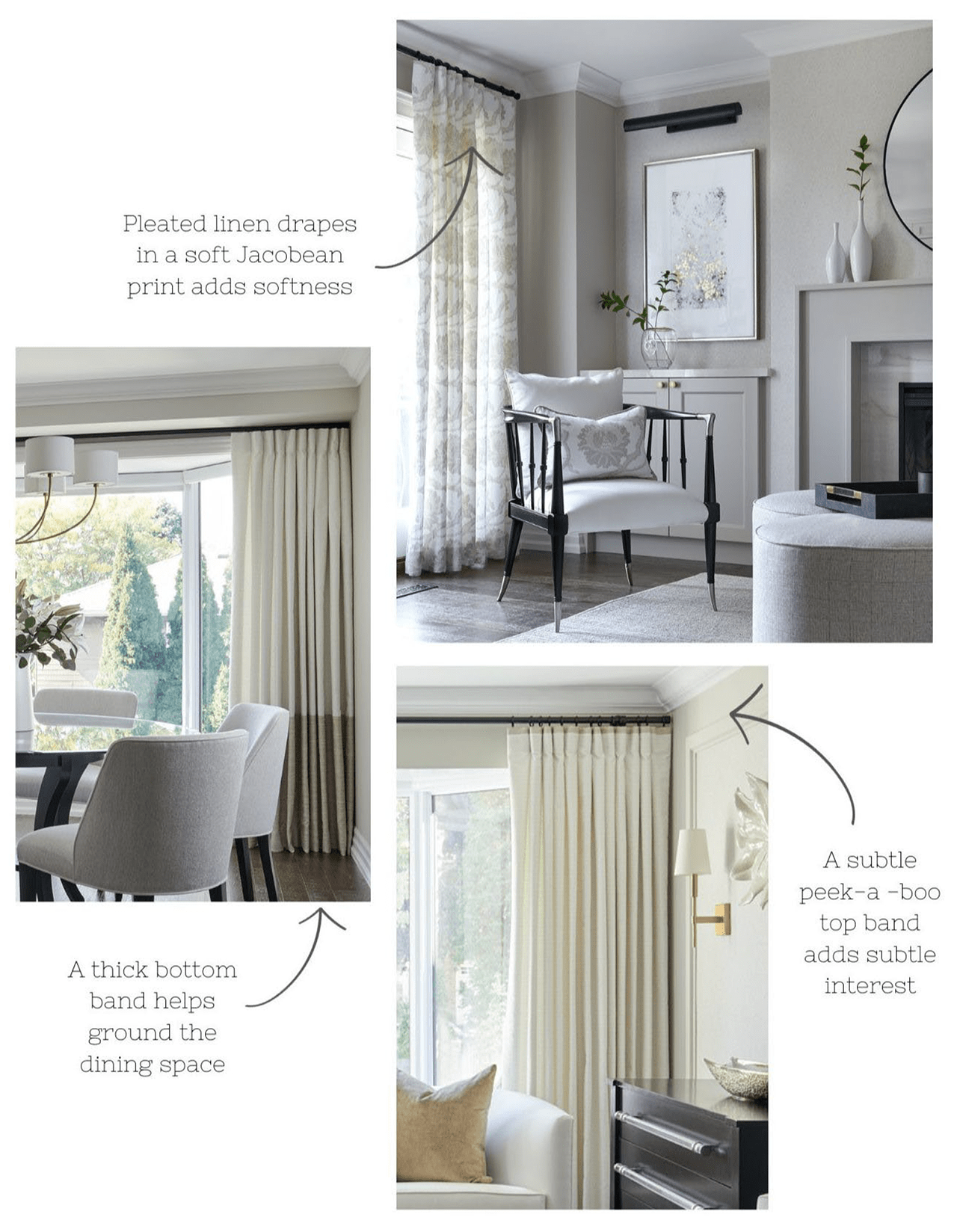 Perfectly Polished: Custom Drapery Details | Pleated linen drapes in a soft Jacobean print adds softness, a subtle peek-a-boo top band adds subtle interest, a thick bottom band helps ground the dining space.