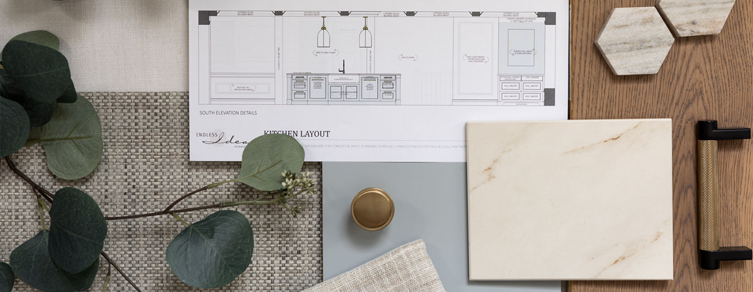 An interior design sample board with a kitchen layout design plan